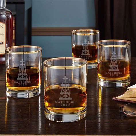 Oil Strike Gold Rim Personalized Whiskey Glasses Set Of 4 Custom