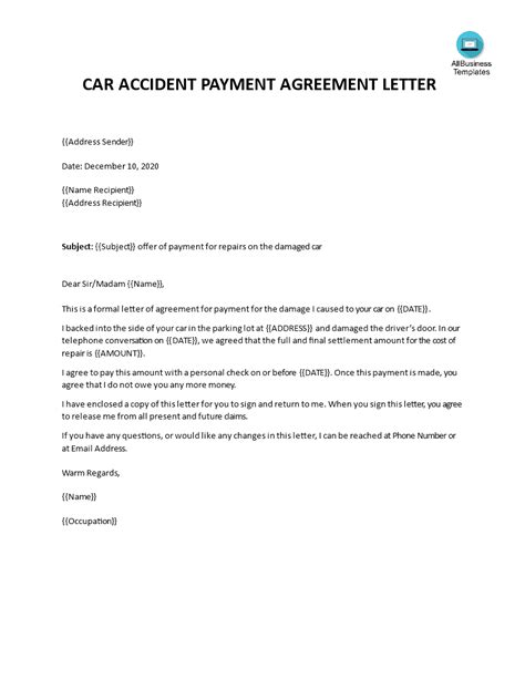 car accident payment agreement letter sample templates