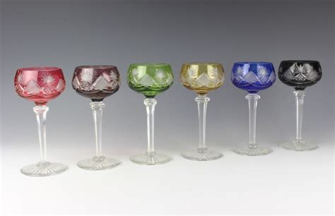 Lot 80 Six Multi Coloured Flash Glass Hock Wine Glasses