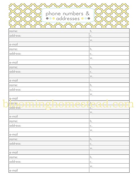 contact sheet phone numbers addresses  printable blooming