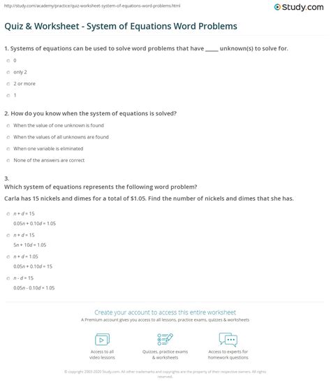 quiz worksheet system  equations word problems studycom