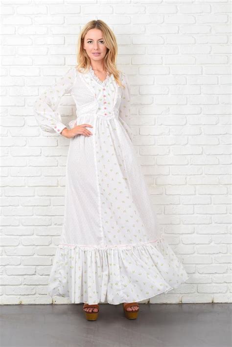 Vintage 70s White Boho Dress Polka Dot Floral Lace Prairie Etsy Maxi