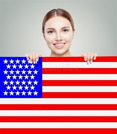 portrait  happy american girl  usa flag background stock image
