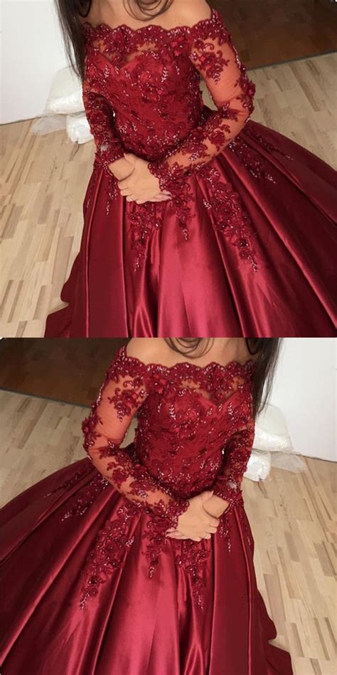 burgundy prom dress off shoulder ball gowns lace long sleeves prom