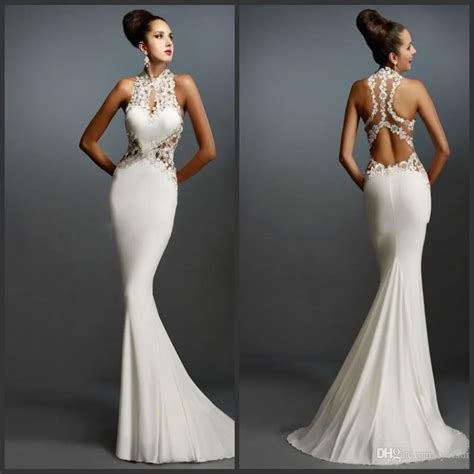 white mermaid prom dresses halter sleeveless applique elegant evening