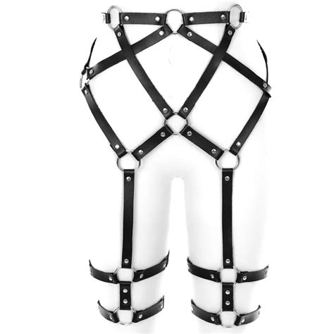black body cage pu leather harness garter belt leg stockings suspenders