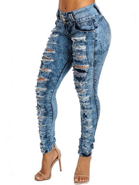 Wipalo Women Jeans Sexy High Waist Pencil Pants Casual Blue Ripped