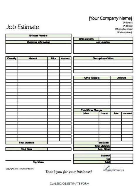 roofing estimate template templates printable