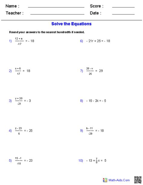 solving equations worksheet  grade  shotwerk