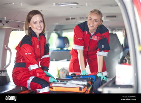 portrait   female paramedics  ambulance stock photo alamy