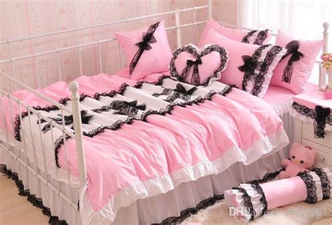korean style black lace bedspread pink princess bedding set queen size girls bow duvet covers