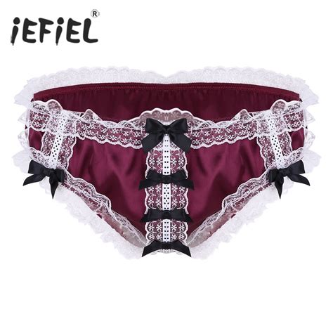 Iefiel Mens Lingerie Panties Gay Male Underpants Shiny Ruffled Floral