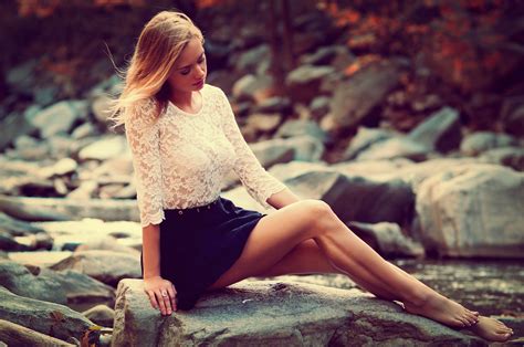 Women Hair Legs Blonde Dress Skirt Model Nature Hill Lake Sitting