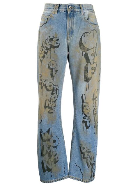 off white graffiti print straight leg jeans farfetch fashion