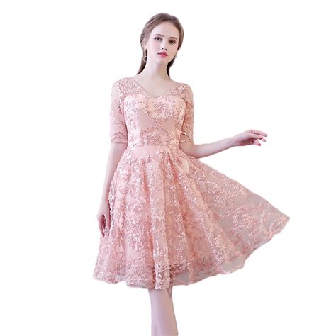 pink lace knee length cocktail dress women mini party dress banquet