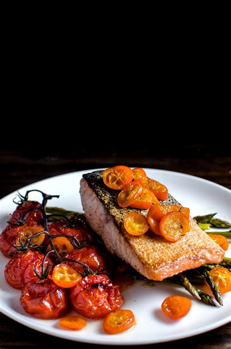 Brown Butter Pan Fried Salmon With Roasted Vegetables And A Creamy Dill