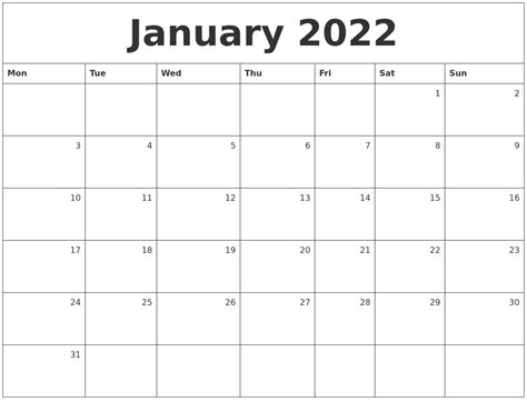 january  monthly calendar