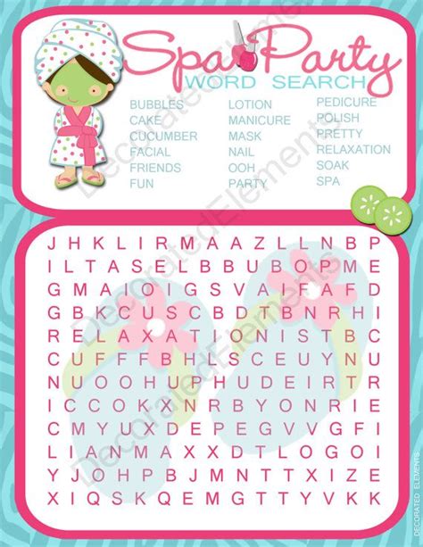 printable spa party games printable word searches