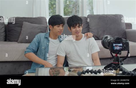 Young Asian Gay Couple Influencer Couple Vlog At Home Stock Video