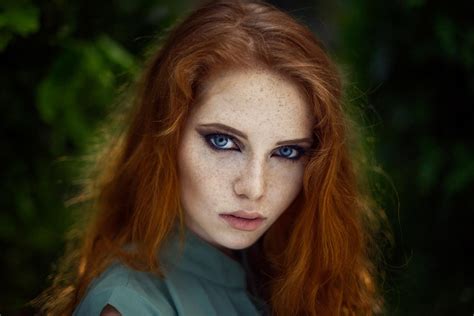 Wallpaper Face Women Redhead Model Long Hair Blue Eyes Freckles