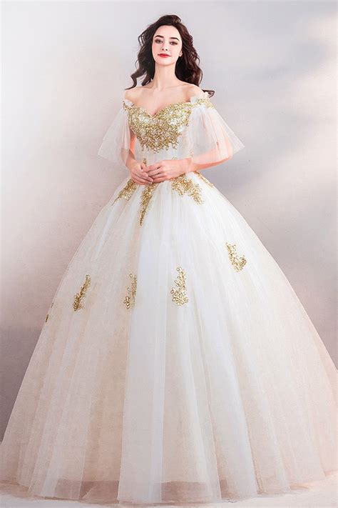 Luxury White With Gold Embroidery Ball Gown Court Wedding Dress With