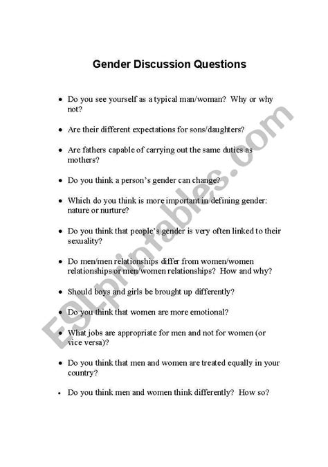 English Worksheets Gender Discussion Questions