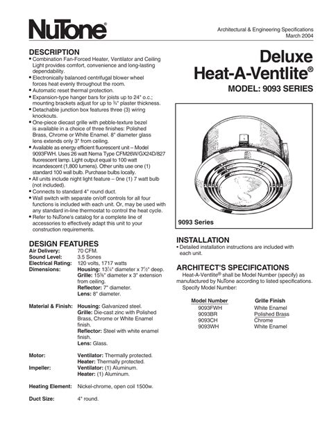 nutone heat  ventlite  series user manual  pages
