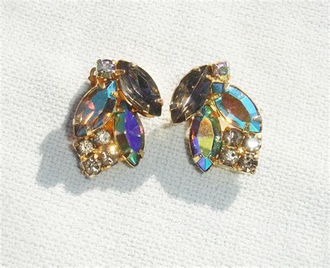 vintage gold tone multi colored rhinestone clip  vintage earrings