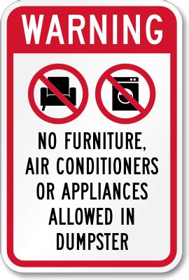warning  furniture  appliances allowed  dumpster sign sku