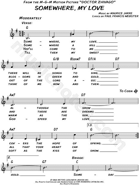 Somewhere My Love From Doctor Zhivago Sheet Music Leadsheet In G