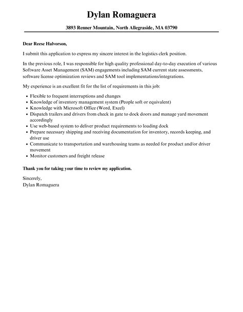 logistics clerk cover letter velvet jobs