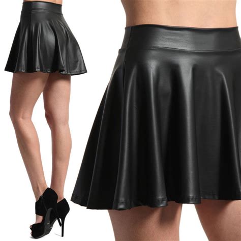 mogan micro soft faux leather high waist pleated skater sexy mini skirt