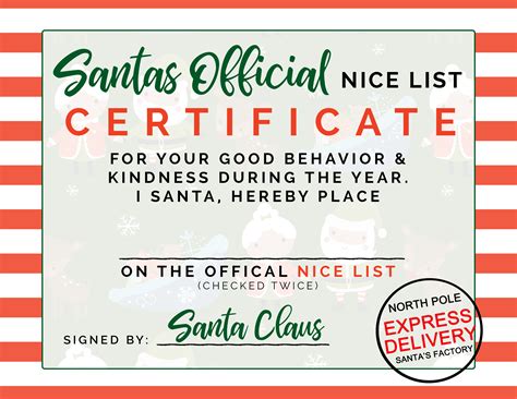 santas official nice list certificate  printable nice list