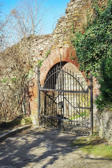 iron gate ruined wall stock photo image  blue