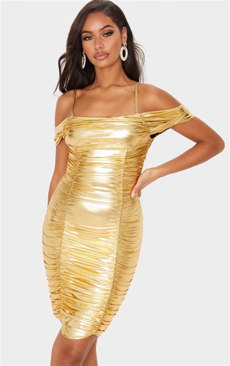 Gold Metallic Ruched Cold Shoulder Bodycon Dress Prettylittlething