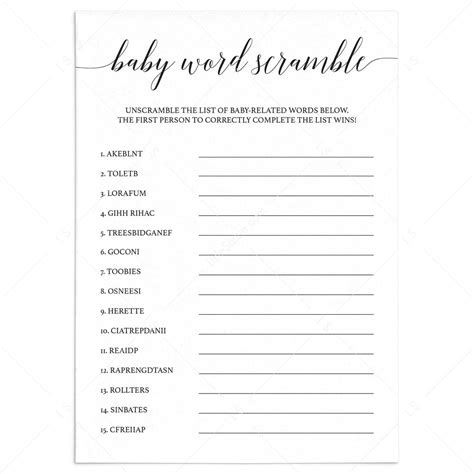 simple baby shower scrambled word game printable instant