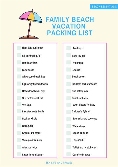 family beach vacation packing list printable zen life  travel
