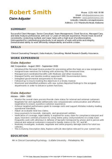 claims adjuster resume template