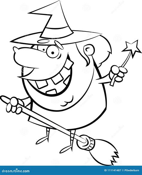 halloween coloring page bw witch   broom stock vector