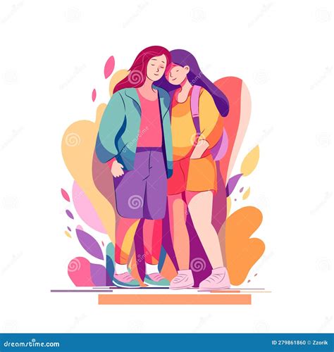 Lgbt Young Women Couple In Bright Rainbow Background Happy Lesbian