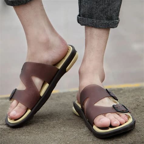 sandals men fashion  brand buckle mens flip flop sandals casual slippers brown summer beach