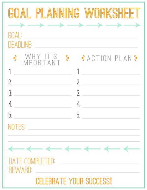 goal planning worksheet pandl  printable
