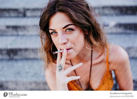 Beautiful Caucasian Woman Smoking Cigarette Urban Lifestyle A Royalty