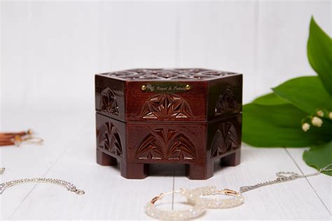 hexagon jewelry box wooden hexagon box carved wood box jewelry etsy