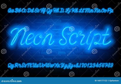 neon script alphabet font blue neon light uppercase  lowercase letters  numbers  brick