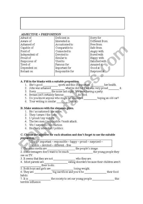 english worksheets adjective preposition