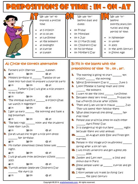 prepositions  time    esl grammar exercises worksheetpdf
