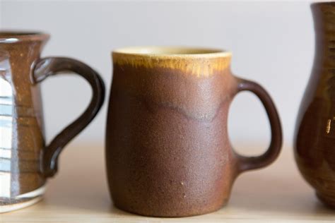 ceramic handmade mugs brown studio pottery vintage mismatched coffee  tea mugs