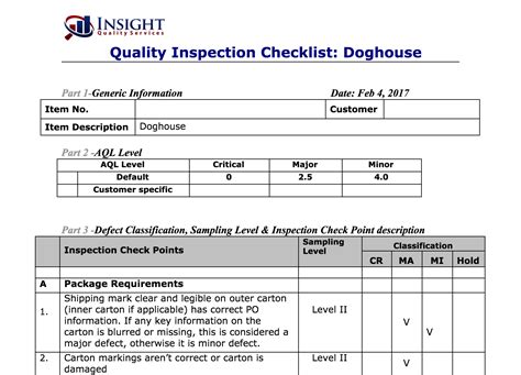 quality control inspection checklist template