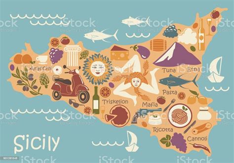 Stylized Map Of Sicily With Traditional Symbols Stock Illustration